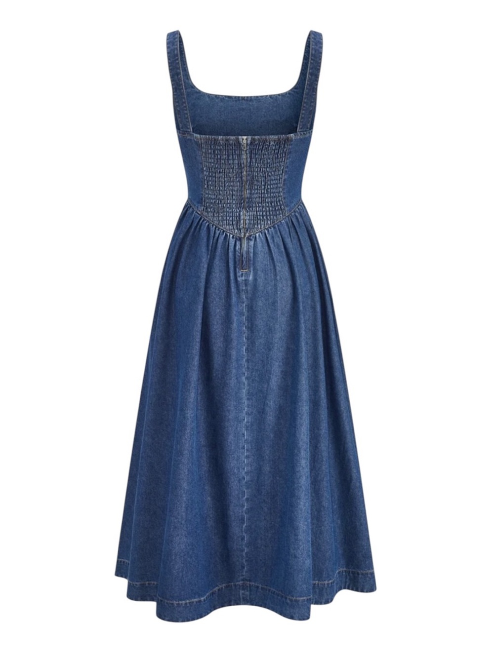 Commense Blue Denim Square Neck Tie Front Cotton Blend Midi Dress Small NWT - Picture 3 of 11
